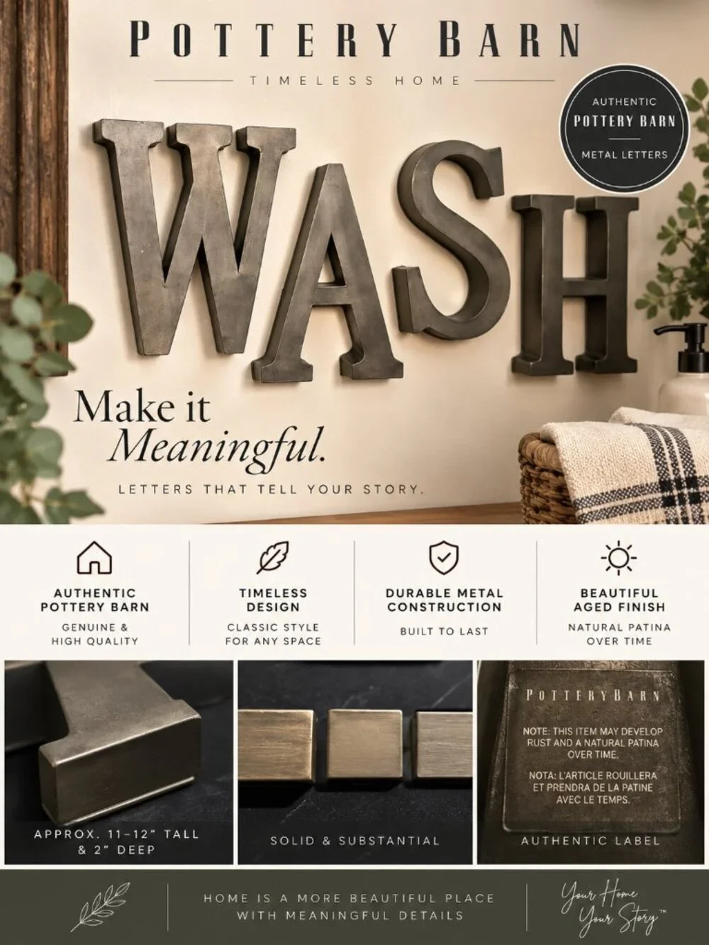 Pottery Barn WASH Metal Wall Letters Bathroom Decor Retired Set of 4